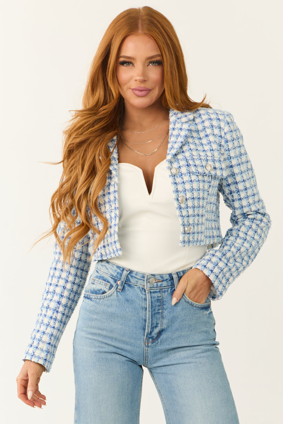 Sky Blue Tweed Plaid Button Down Cropped Jacket