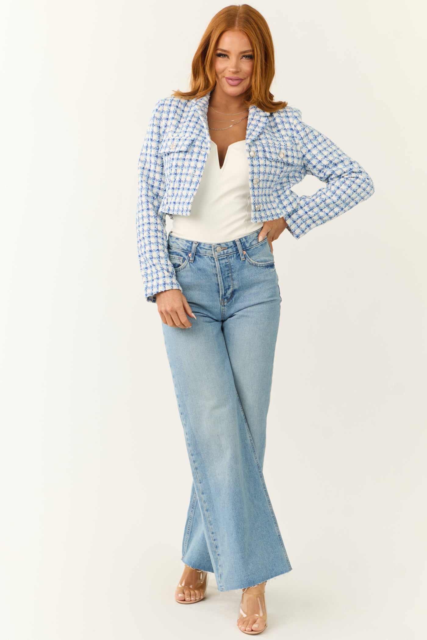 Sky Blue Tweed Plaid Button Down Cropped Jacket