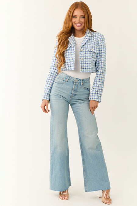 Sky Blue Tweed Plaid Button Down Cropped Jacket