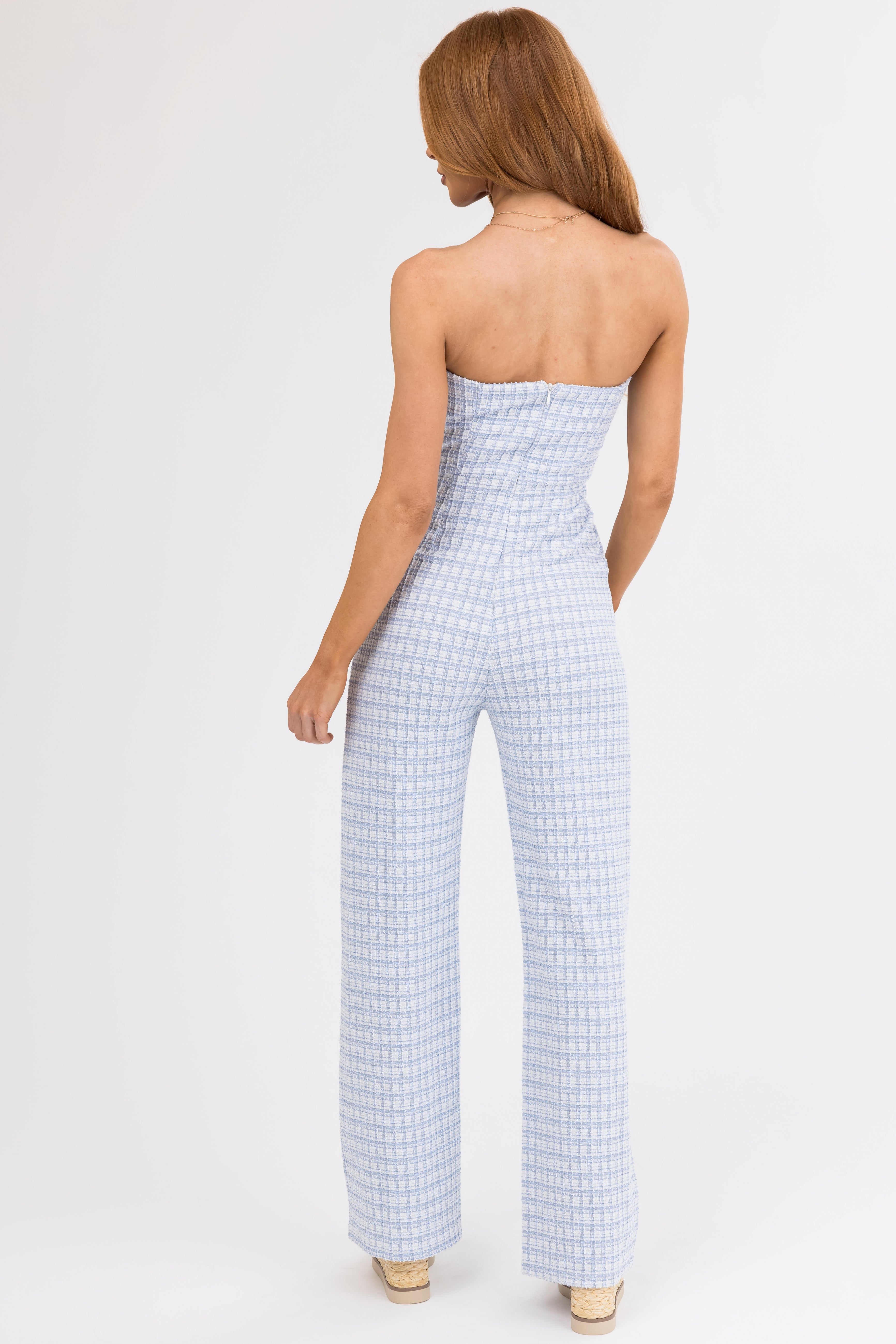 Sky Blue and White Tweed Plaid Strapless Jumpsuit