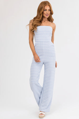 Sky Blue and White Tweed Plaid Strapless Jumpsuit