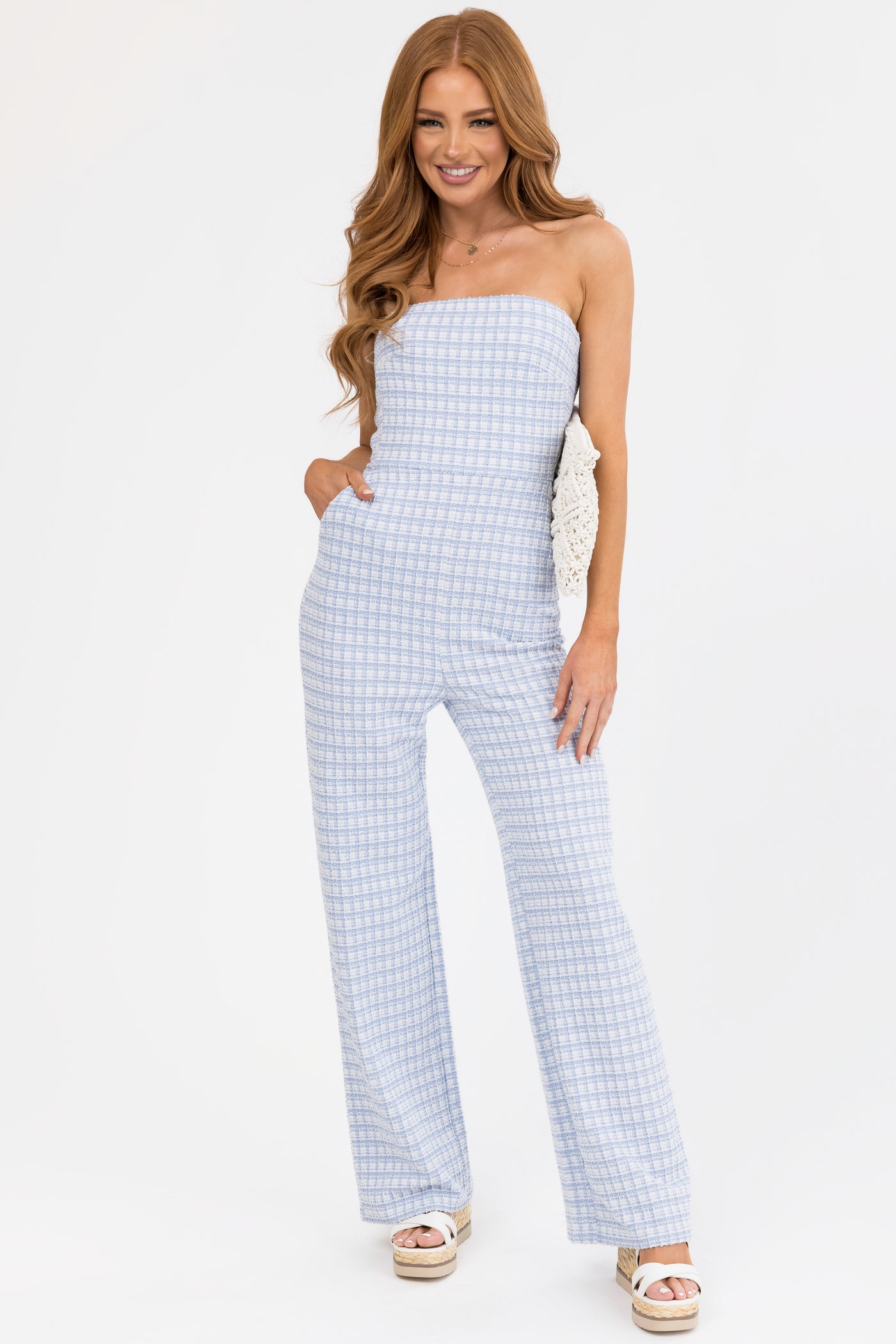 Sky Blue and White Tweed Plaid Strapless Jumpsuit