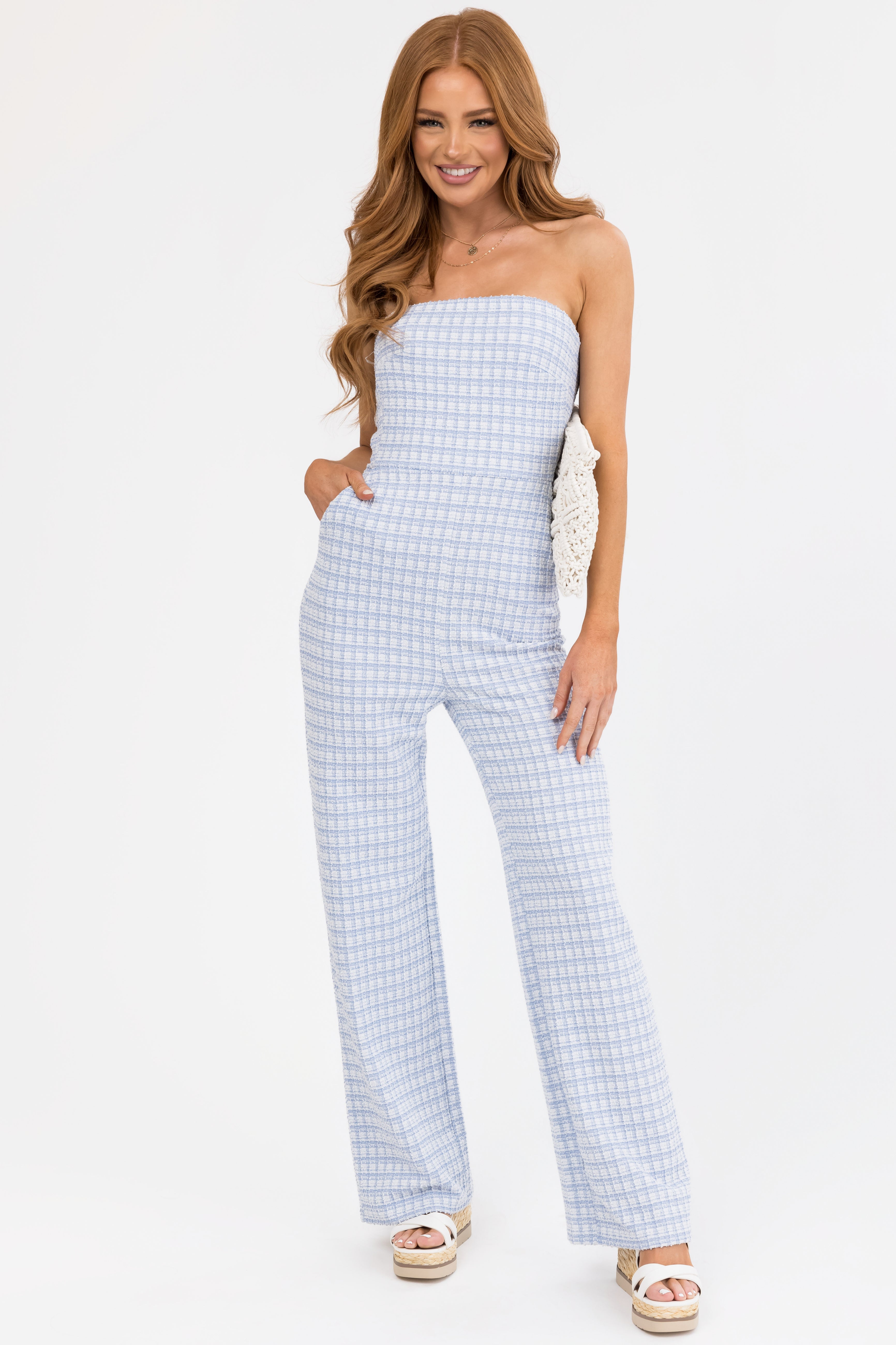 Sky Blue and White Tweed Plaid Strapless Jumpsuit