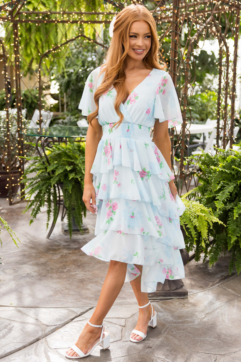 Sky Blue Floral Ruffle High Low Midi Dress