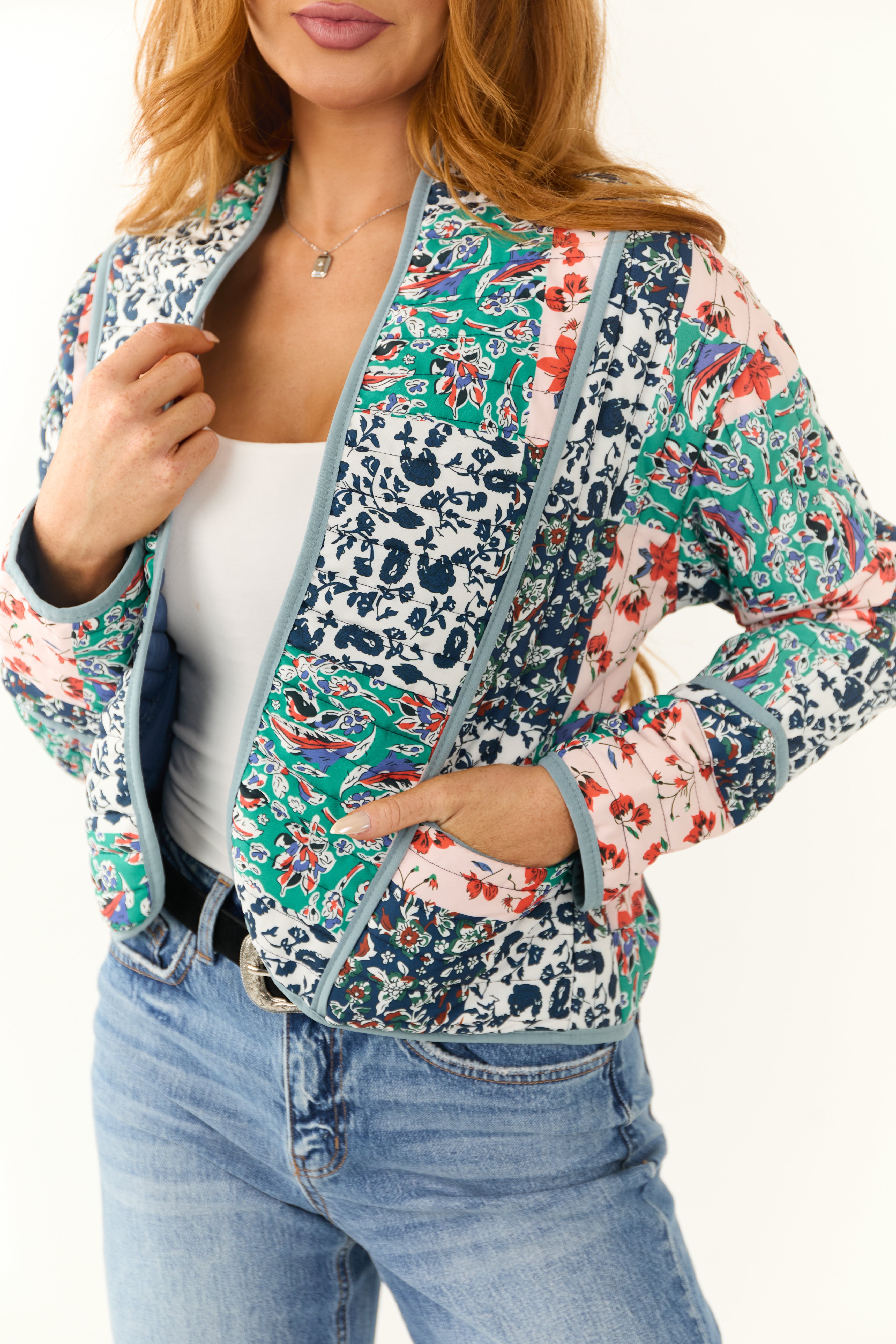 Slate Blue Floral Multiprint Quilted Jacket