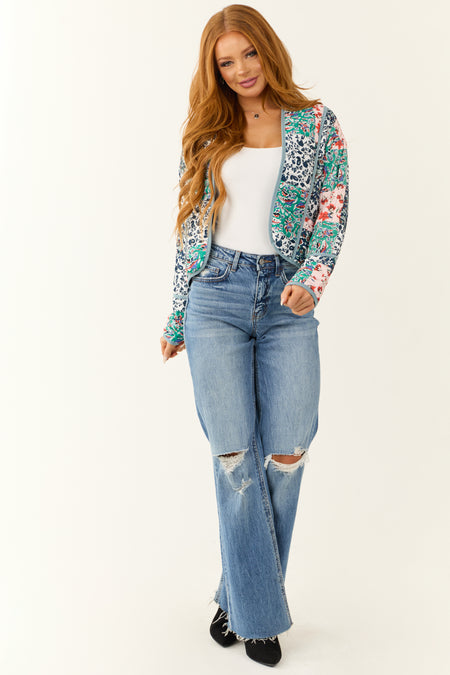 Slate Blue Floral Multiprint Quilted Jacket