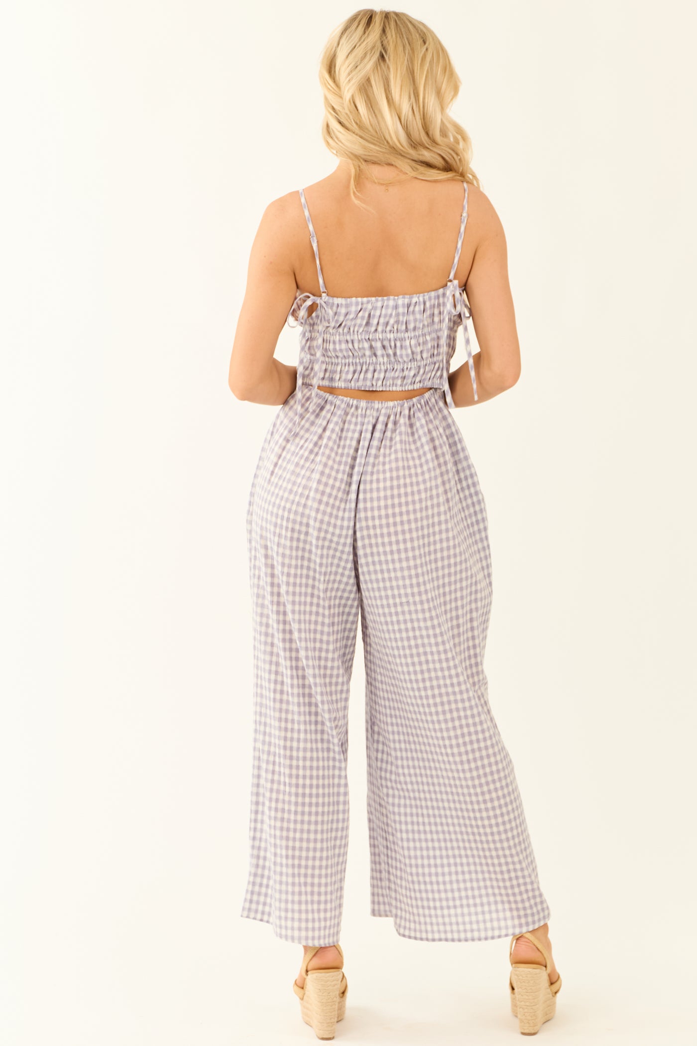 Slate Blue Gingham Ribbon Tie Sleeveless Jumpsuit