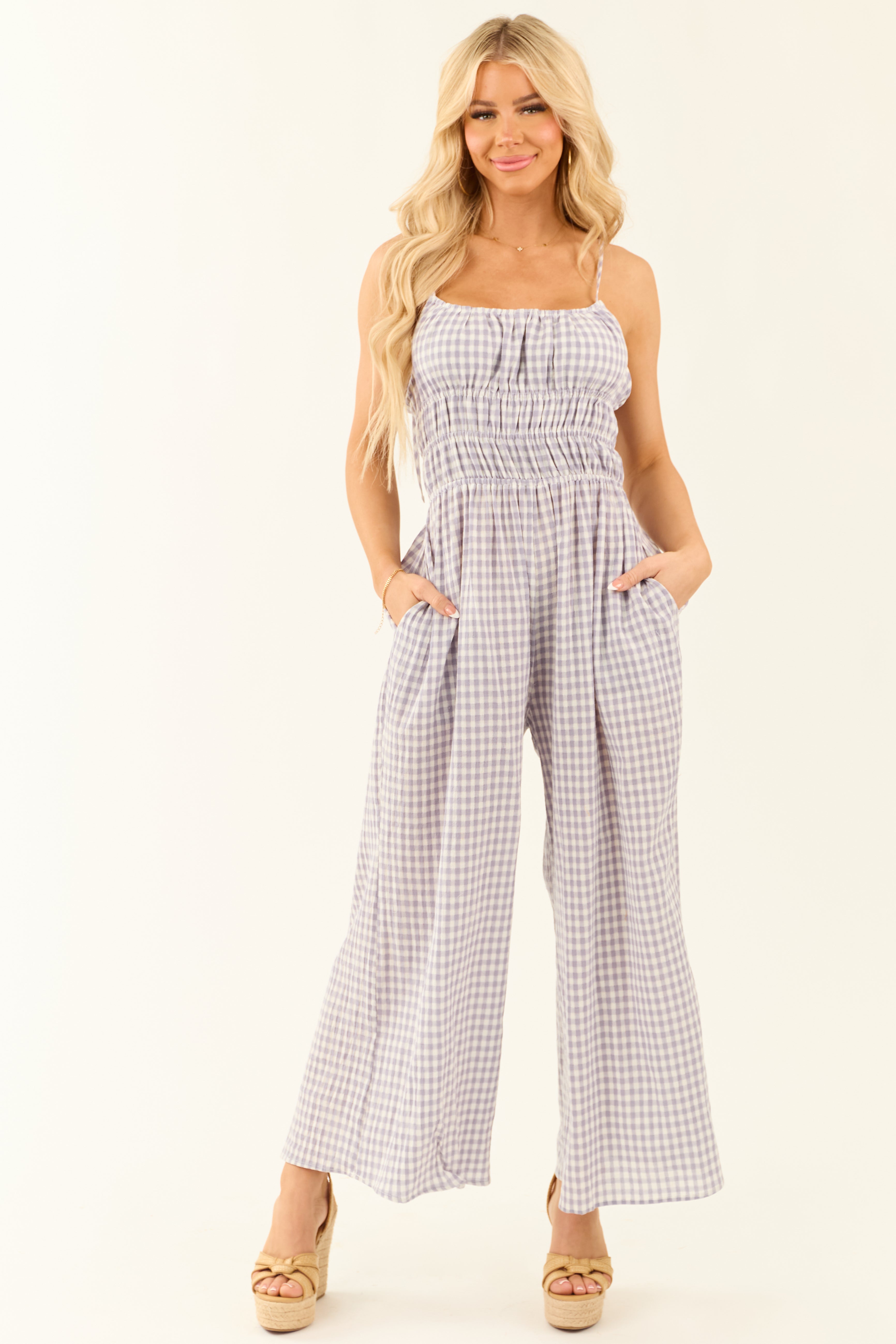 Slate Blue Gingham Ribbon Tie Sleeveless Jumpsuit