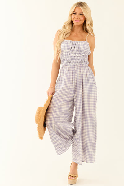 Slate Blue Gingham Ribbon Tie Sleeveless Jumpsuit