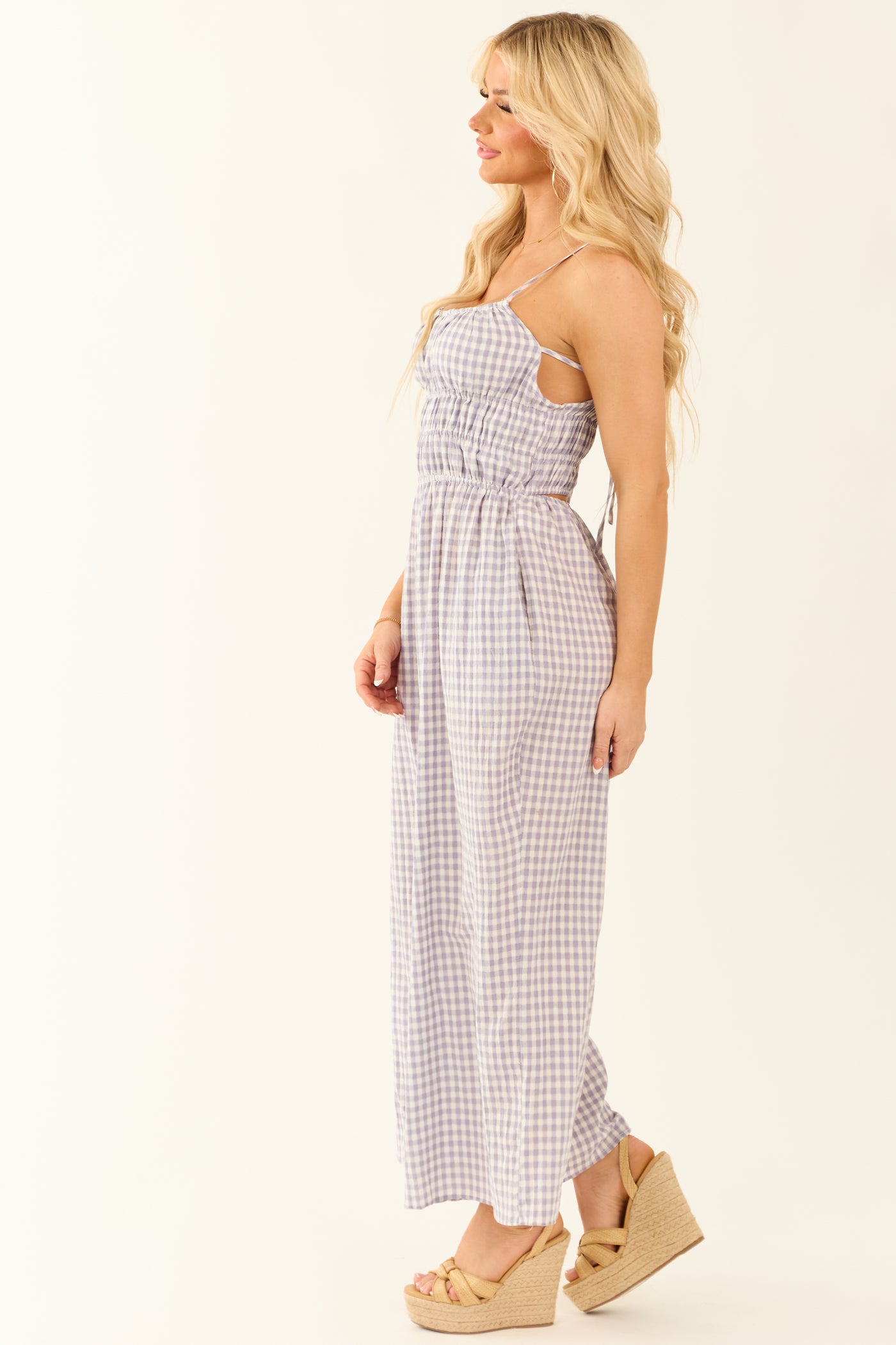 Slate Blue Gingham Ribbon Tie Sleeveless Jumpsuit