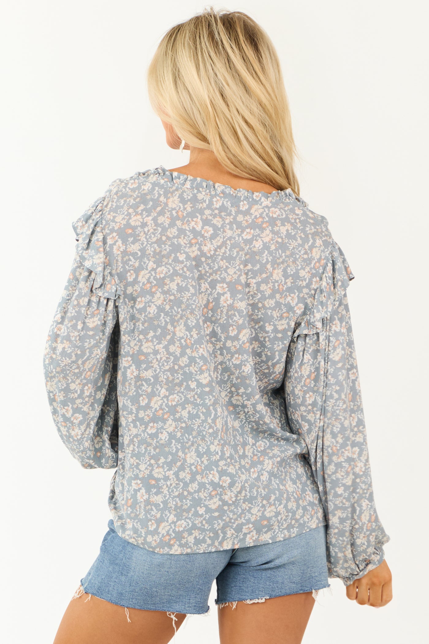 Slate Blue Tie Neckline Floral Peasant Blouse