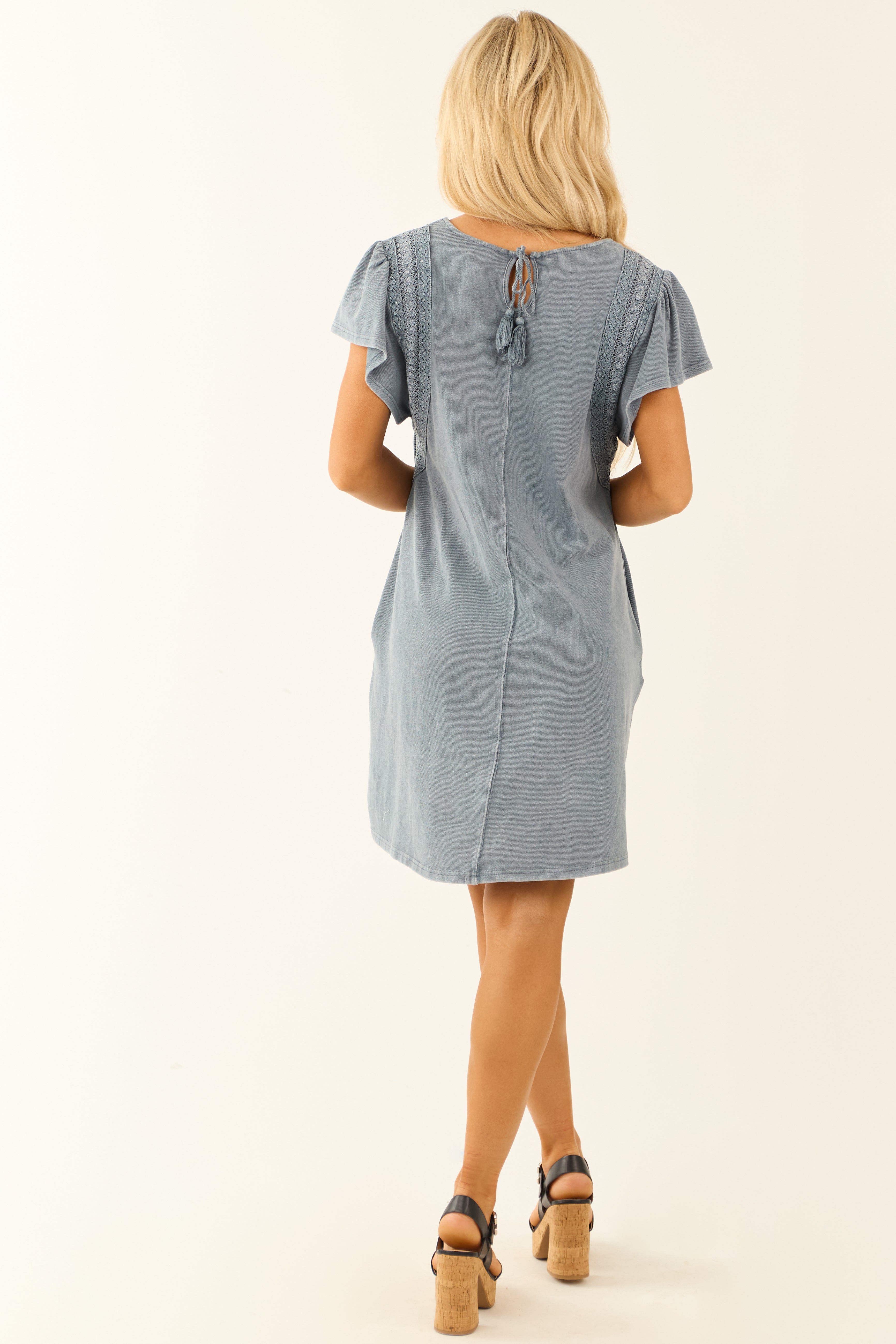 Slate Blue Washed Lace Detail Ruffle Mini Dress