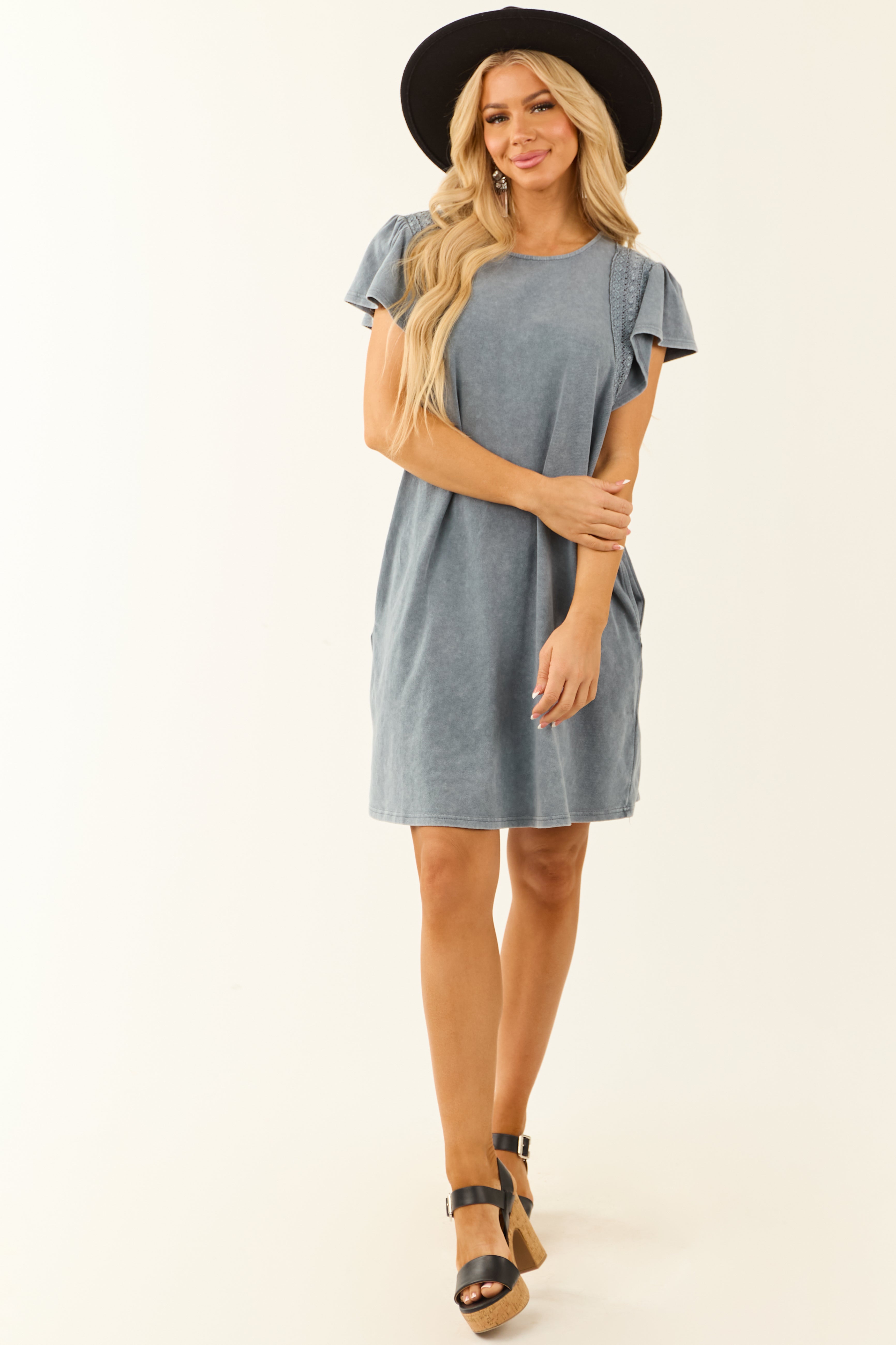 Slate Blue Washed Lace Detail Ruffle Mini Dress