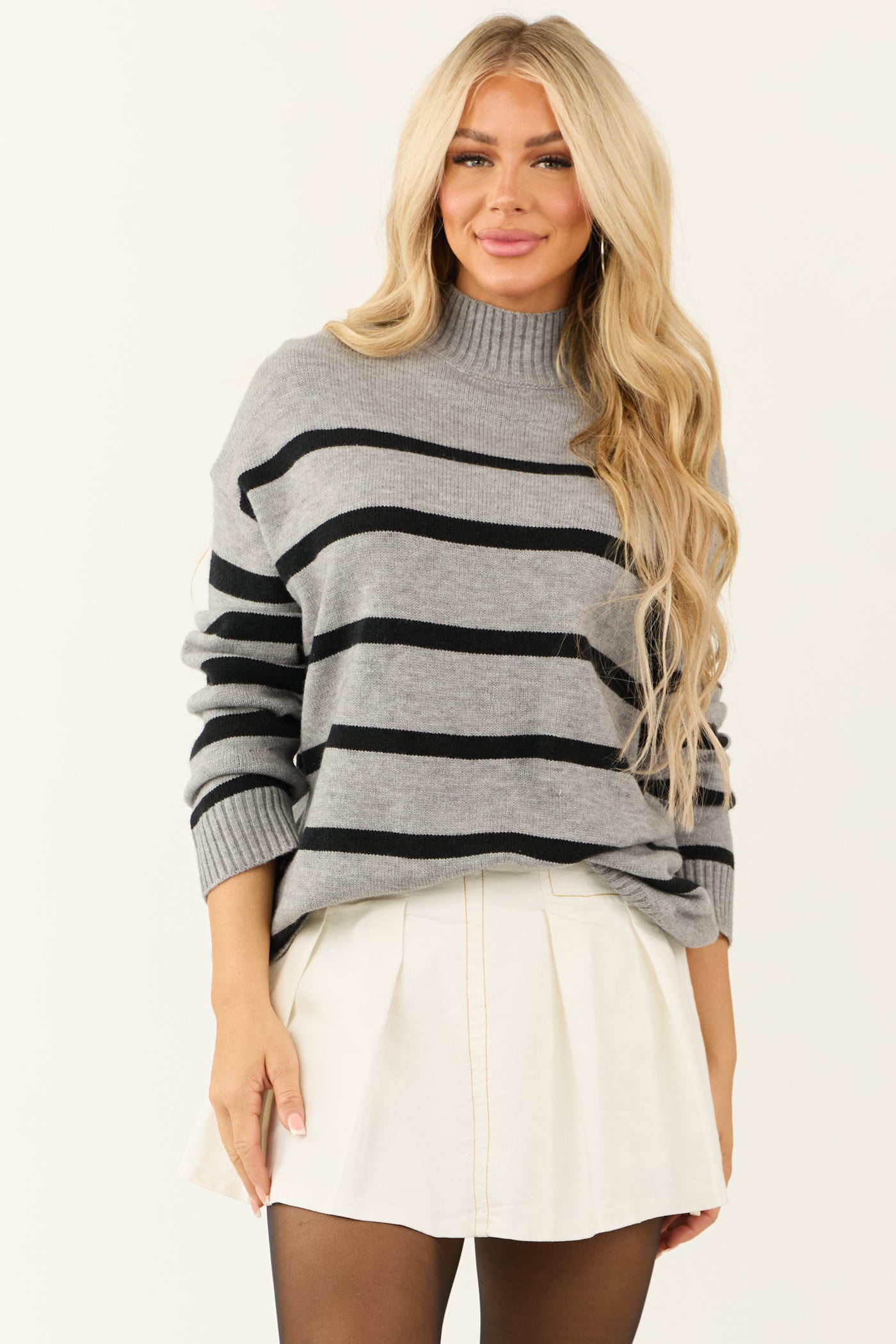 Slate Striped Mock Neck Long Sleeve Sweater