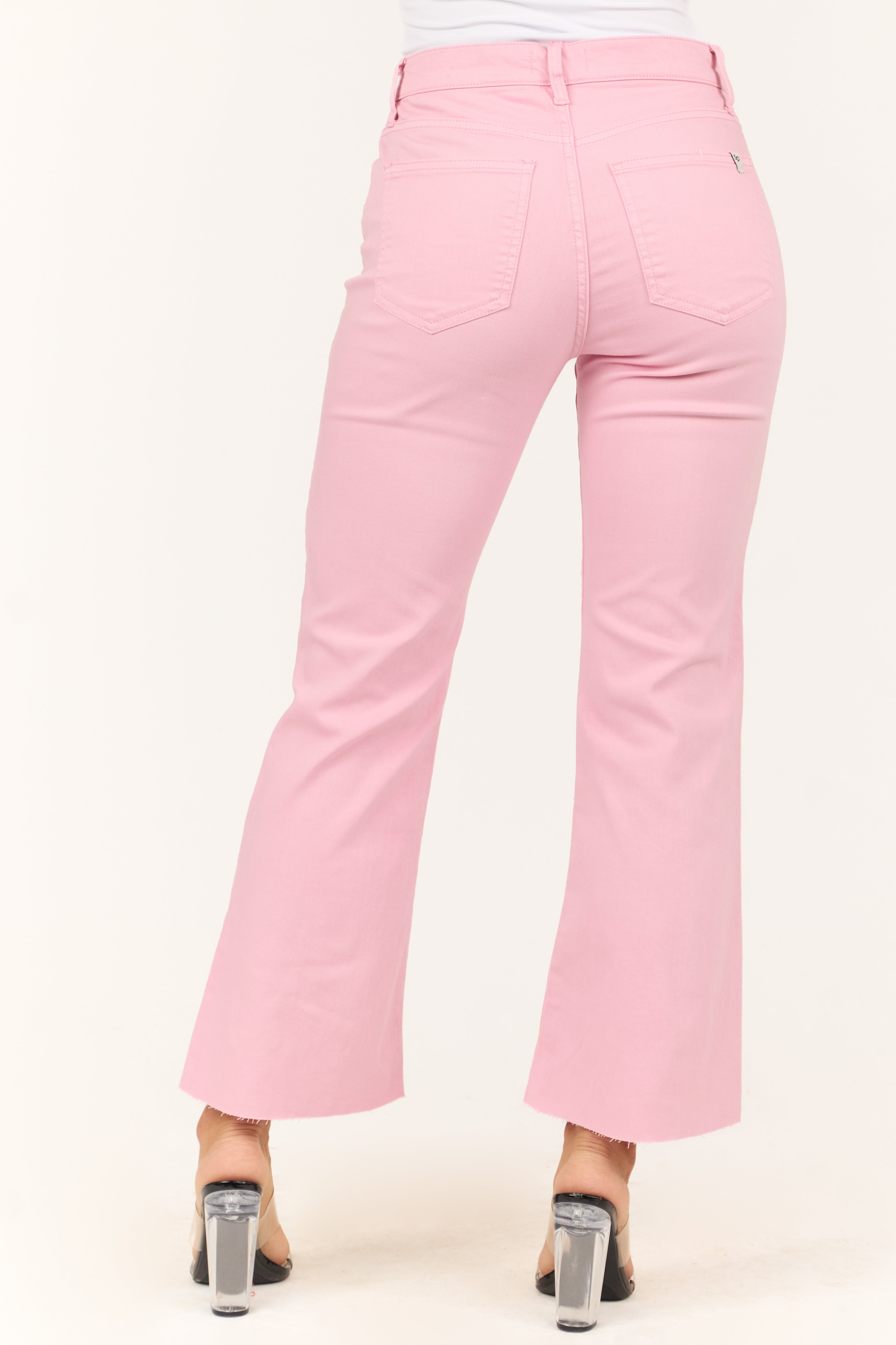 Sneak Peek Baby Pink High Rise Flare Ankle Jeans