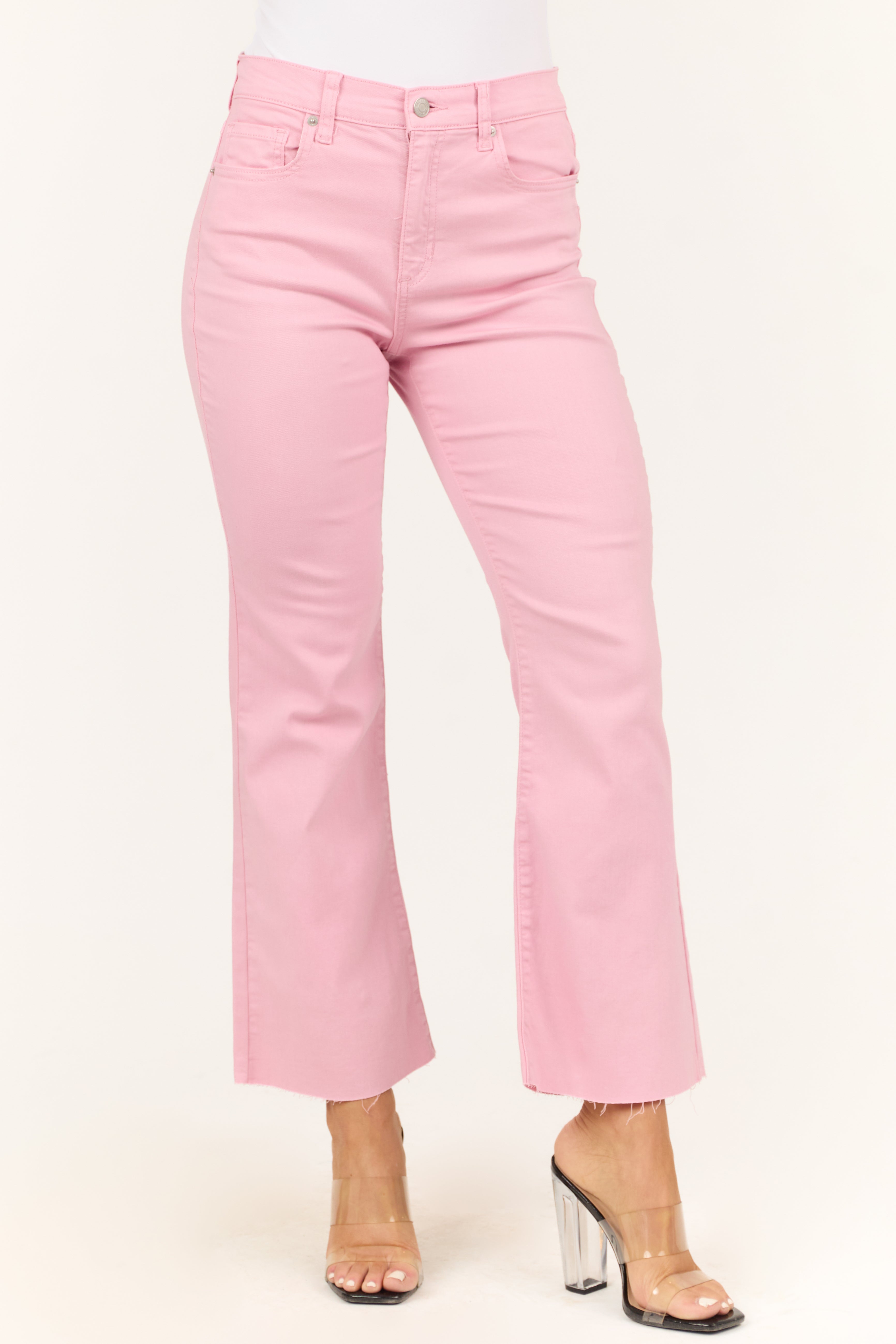 Sneak Peek Baby Pink High Rise Flare Ankle Jeans