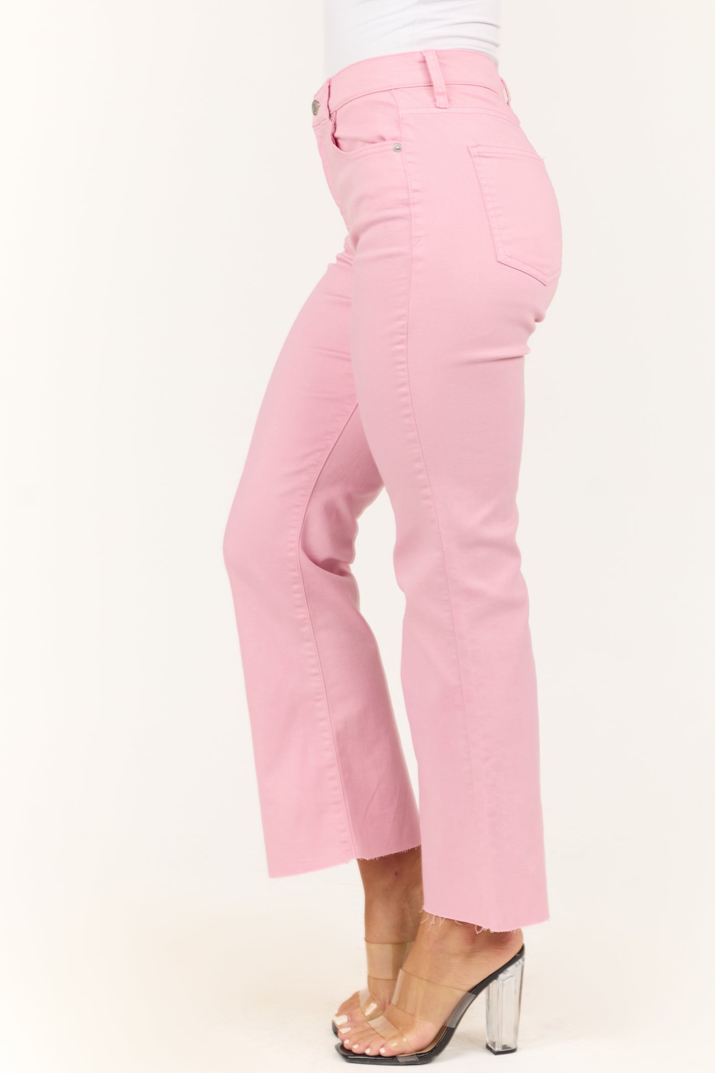 Sneak Peek Baby Pink High Rise Flare Ankle Jeans