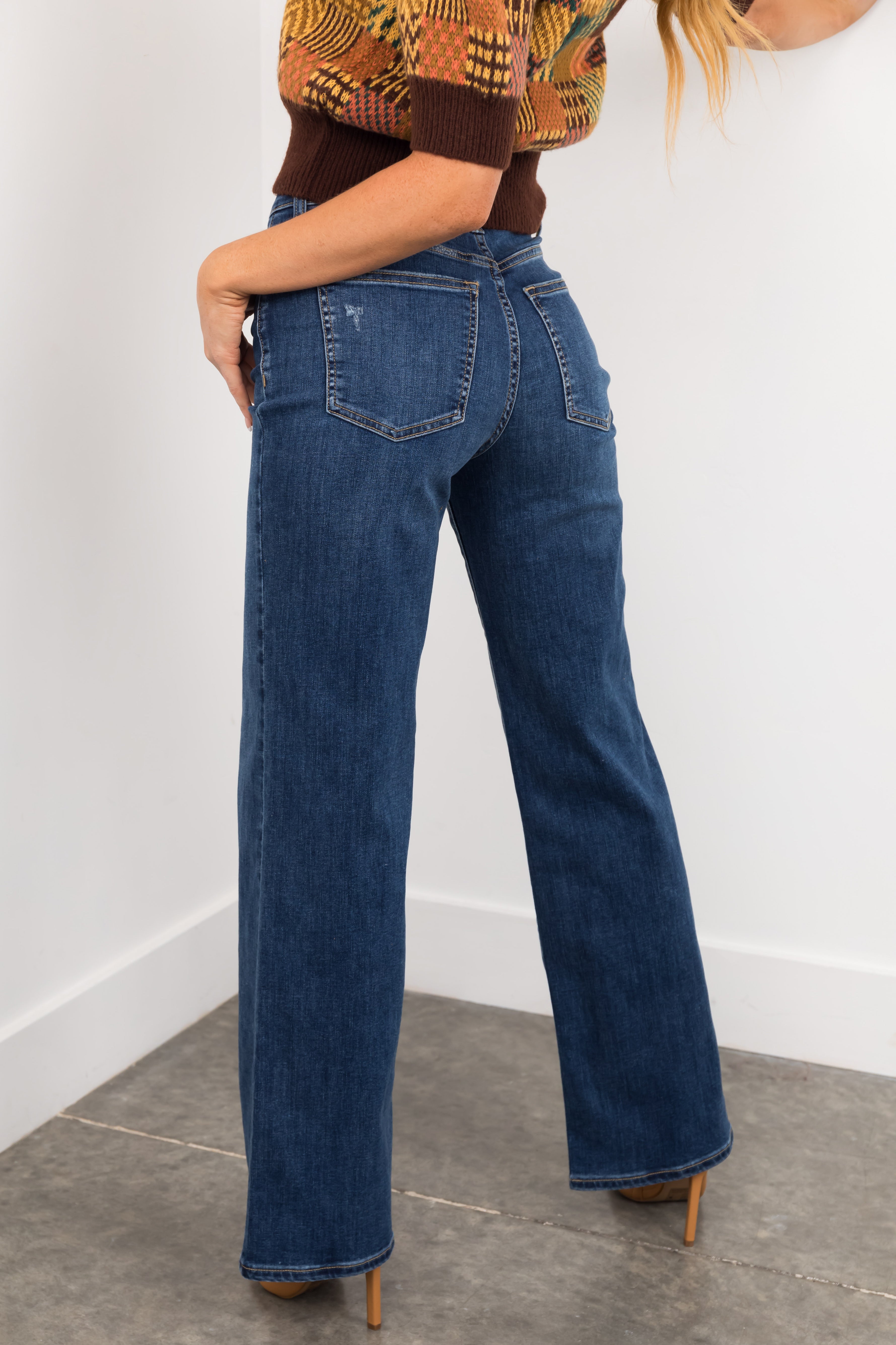 Sneak Peek Dark Wash High Rise Straight Wide Leg Jeans