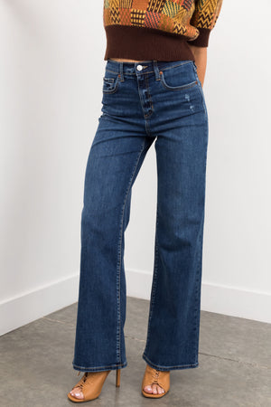 Sneak Peek Dark Wash High Rise Straight Wide Leg Jeans