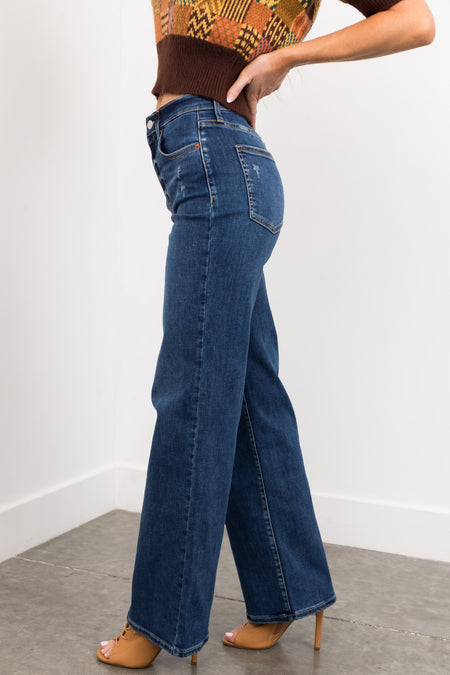 Sneak Peek Dark Wash High Rise Straight Wide Leg Jeans