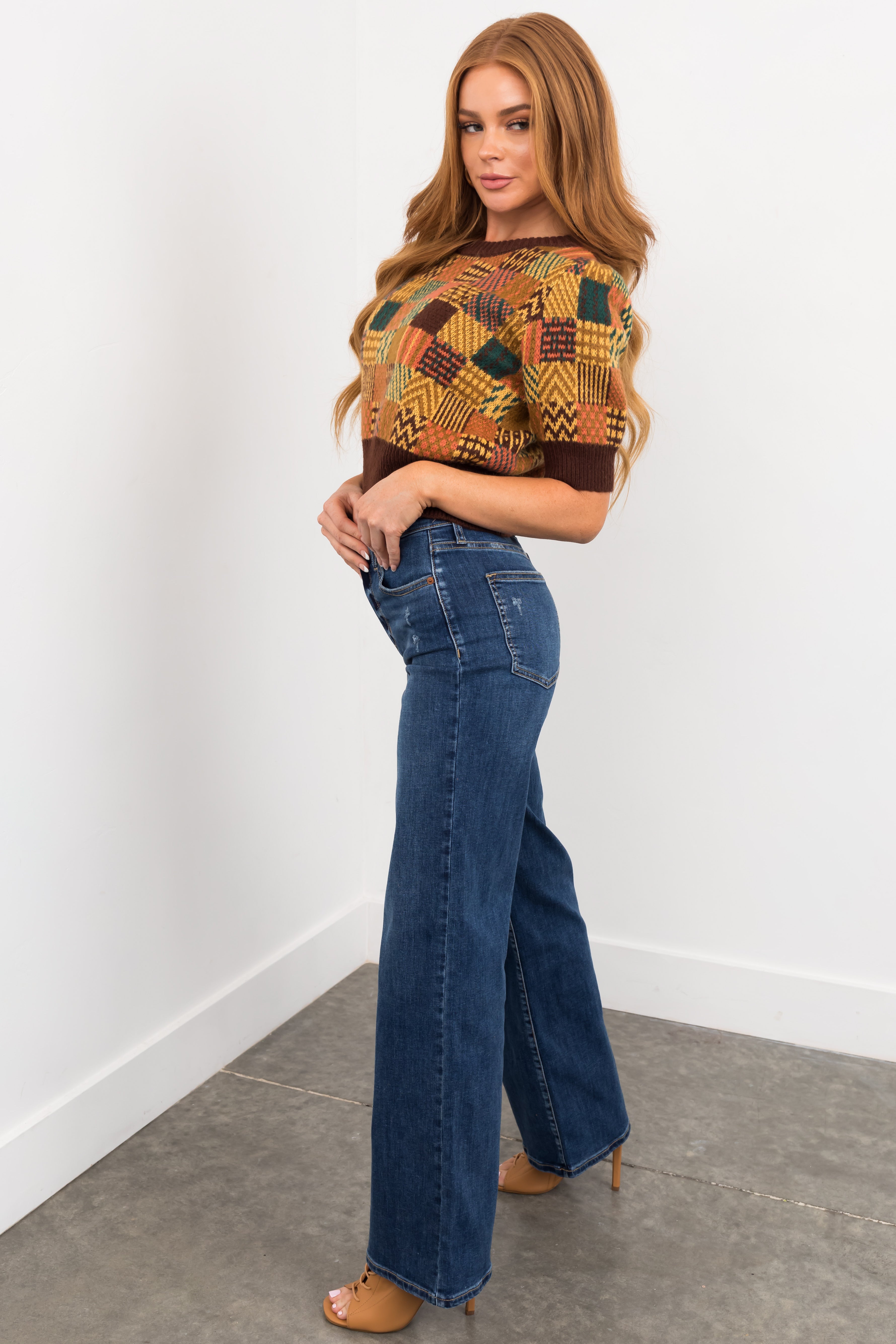 Sneak Peek Dark Wash High Rise Straight Wide Leg Jeans