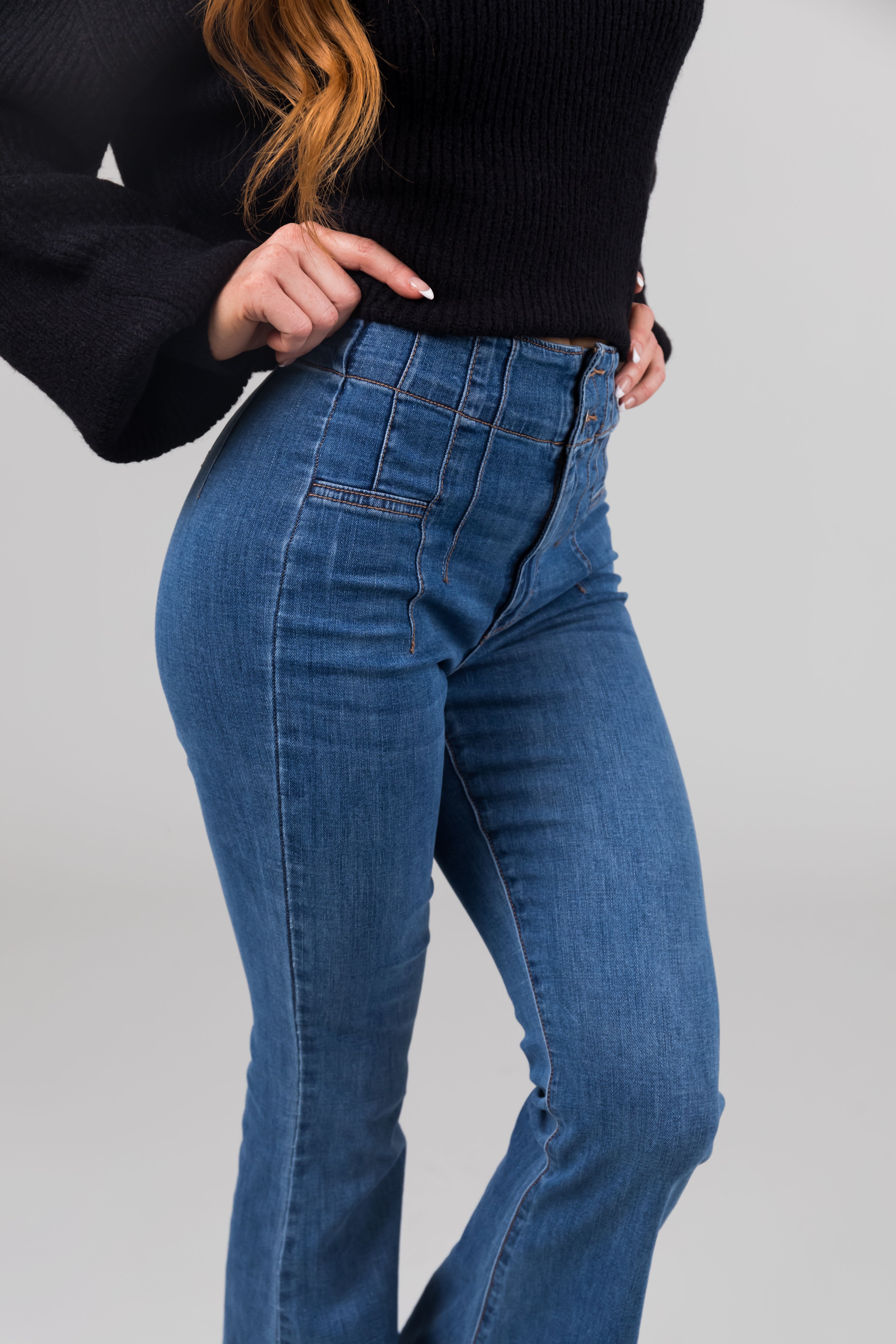 Sneak Peek Medium High Rise Double Button Flare Leg Jeans