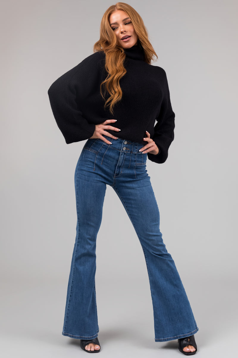 Sneak Peek Medium High Rise Double Button Flare Leg Jeans