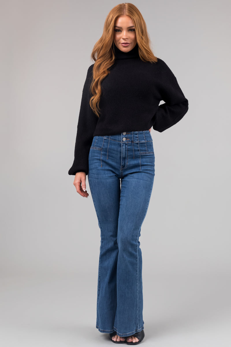 Sneak Peek Medium High Rise Double Button Flare Leg Jeans