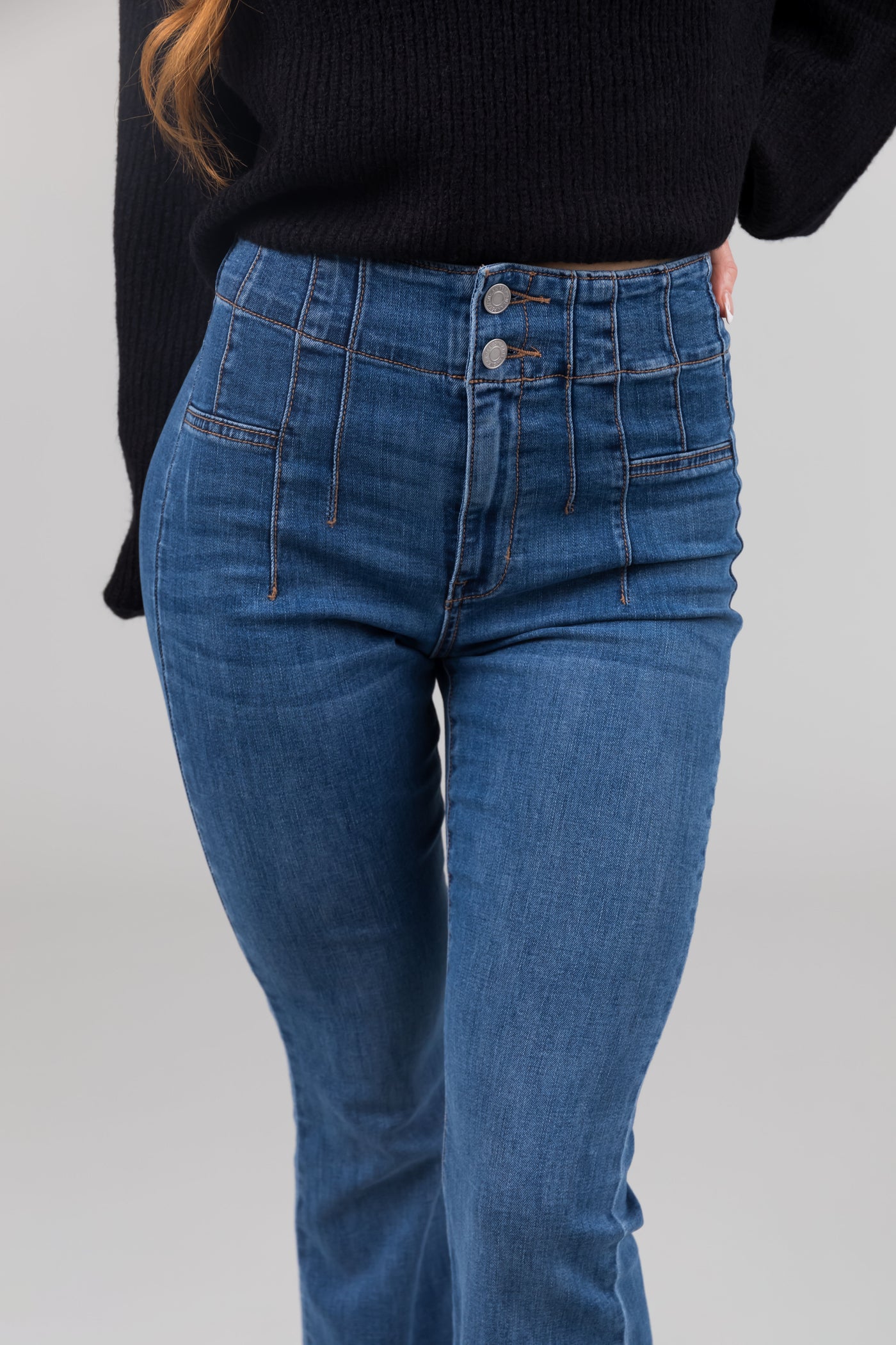 Sneak Peek Medium High Rise Double Button Flare Leg Jeans