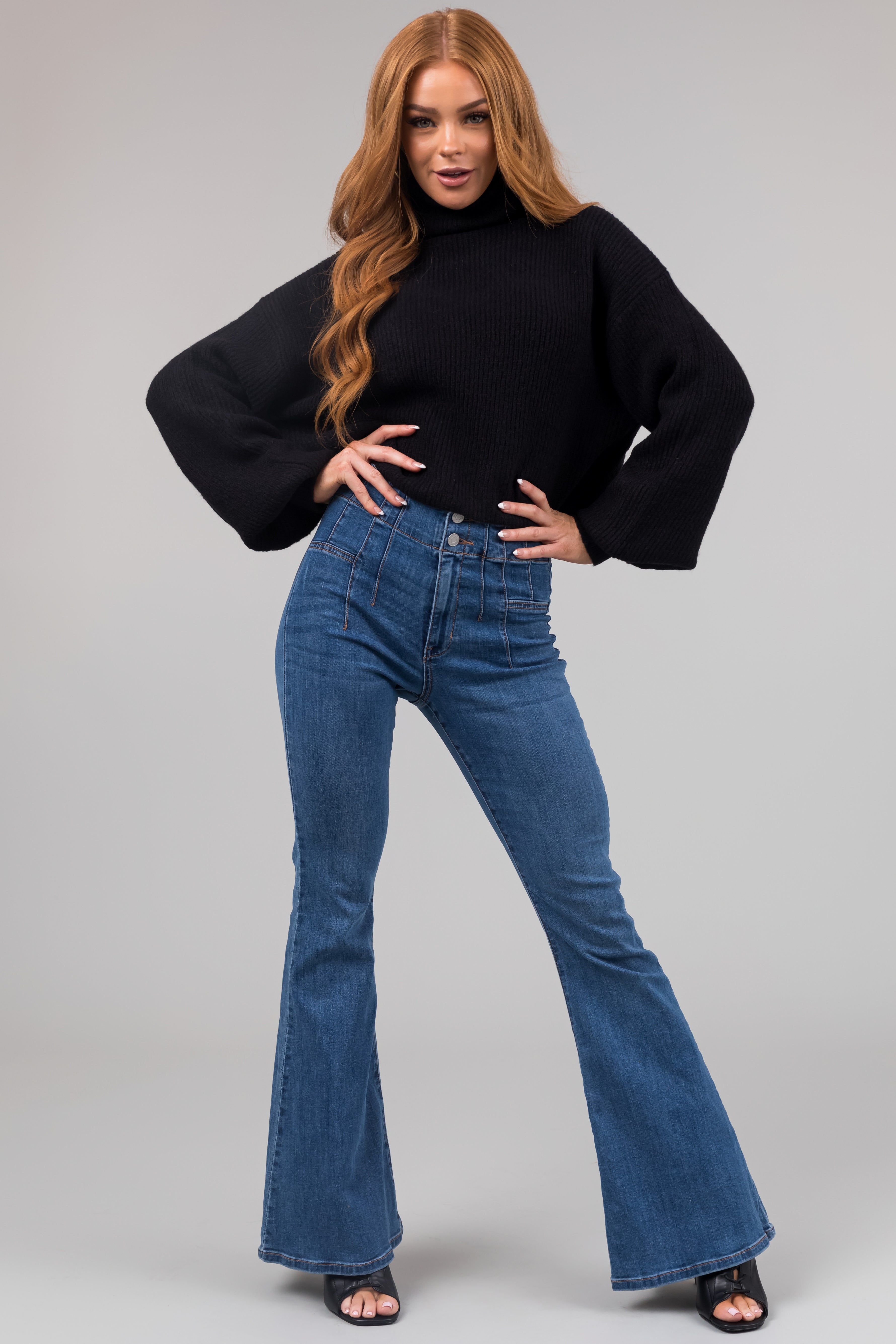 Sneak Peek Medium High Rise Double Button Flare Leg Jeans