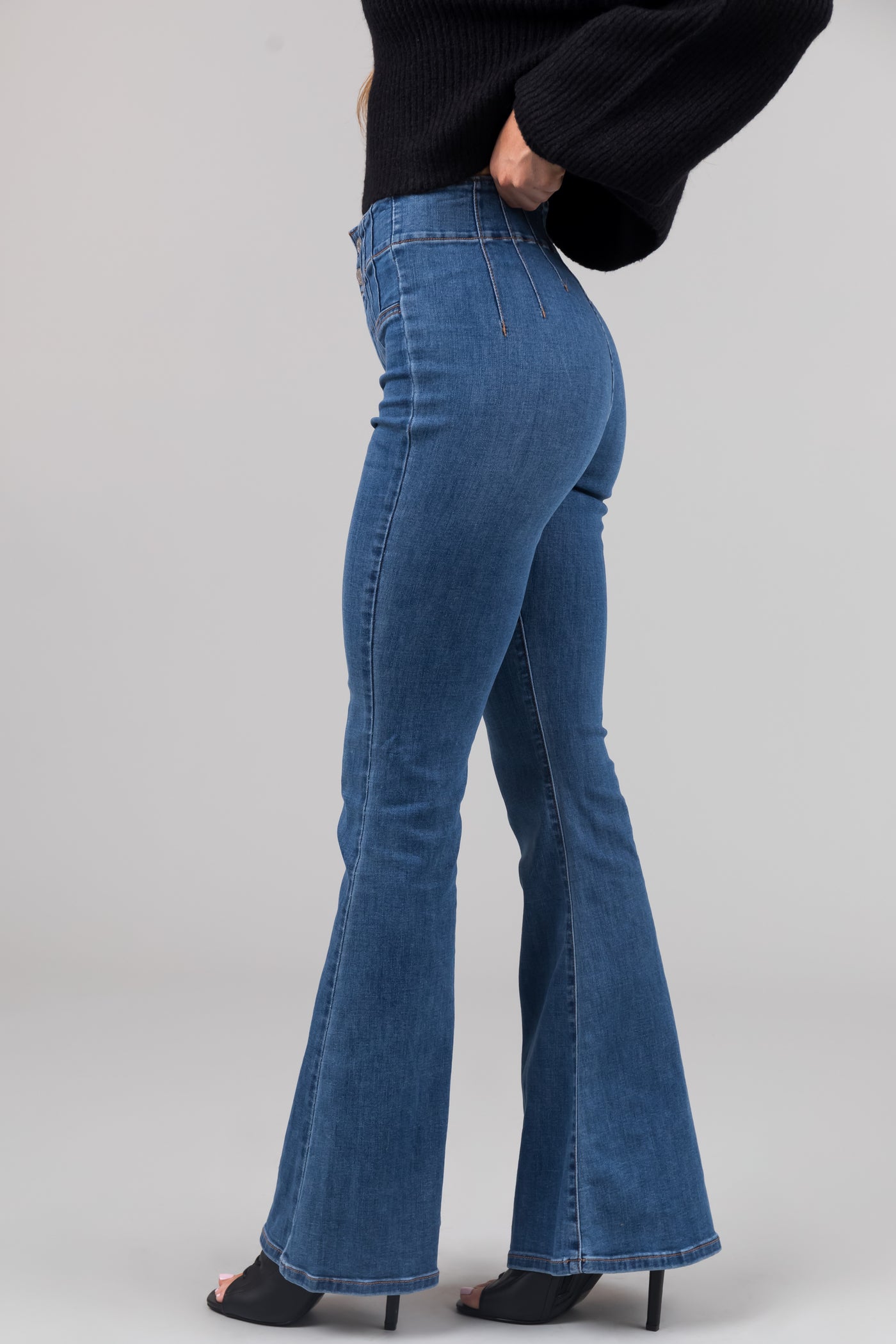 Sneak Peek Medium High Rise Double Button Flare Leg Jeans