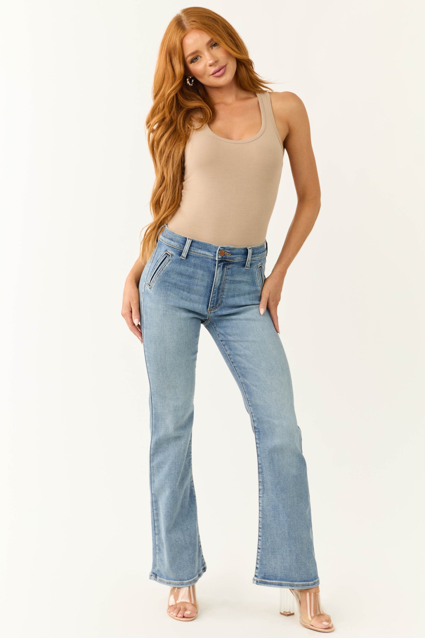 Sneak Peek Medium Light Wash Stretchy Slim Bootcut Jeans