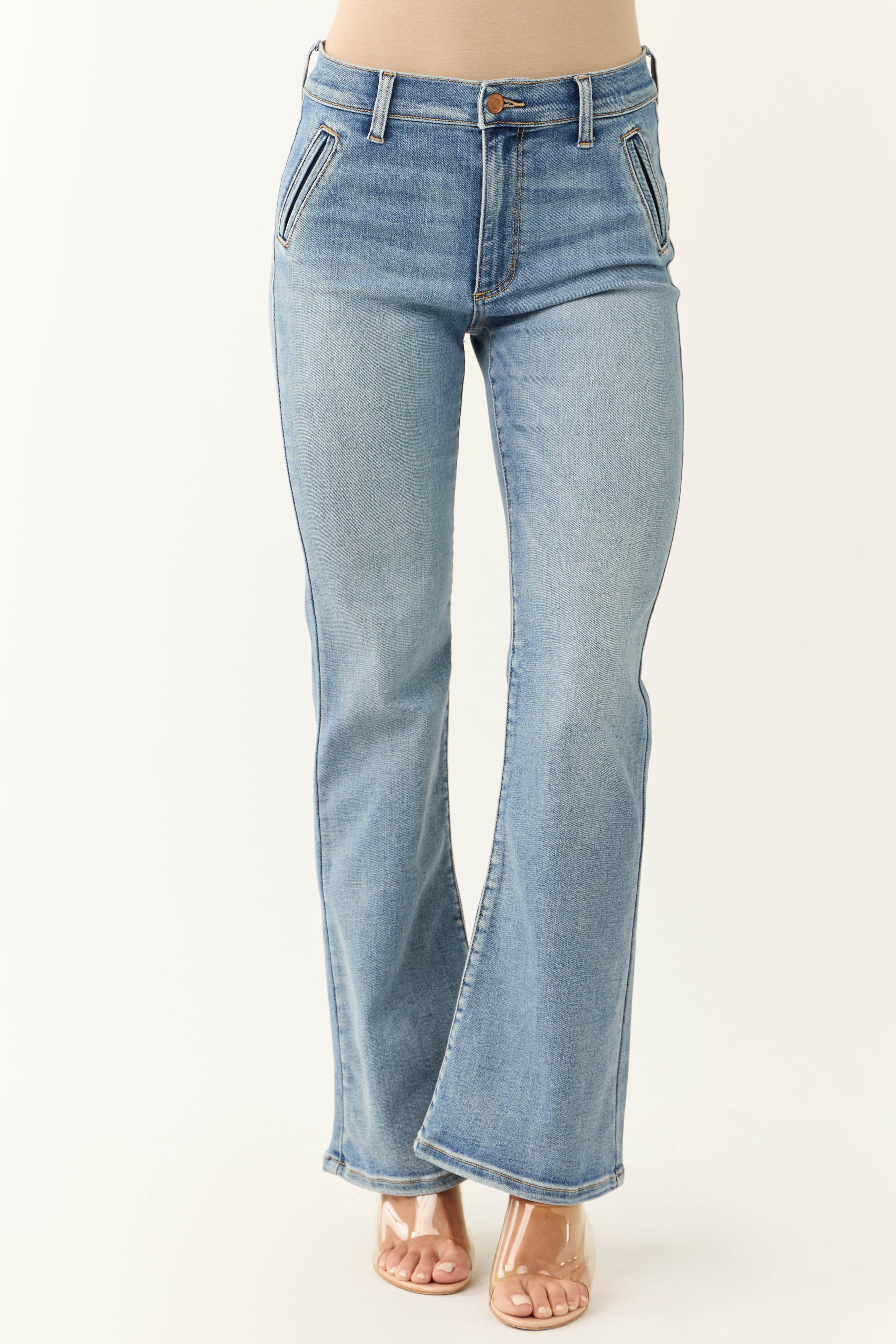 Sneak Peek Medium Light Wash Stretchy Slim Bootcut Jeans