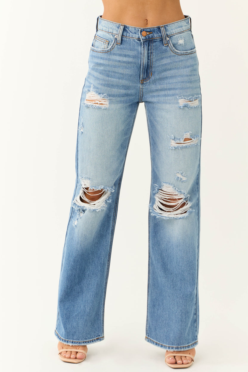 Sneak Peek Medium Wash Distressed Wide Jeans