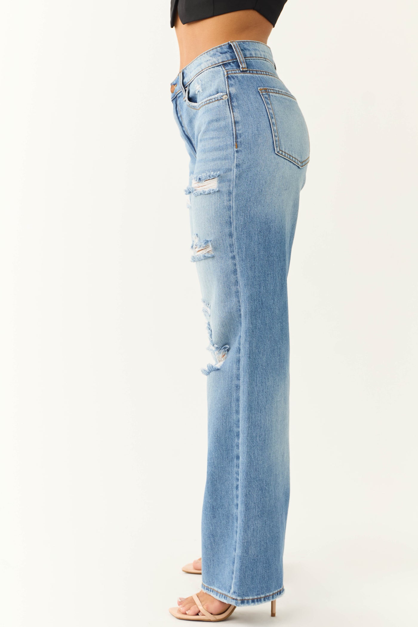 Sneak Peek Medium Wash Distressed Wide Jeans