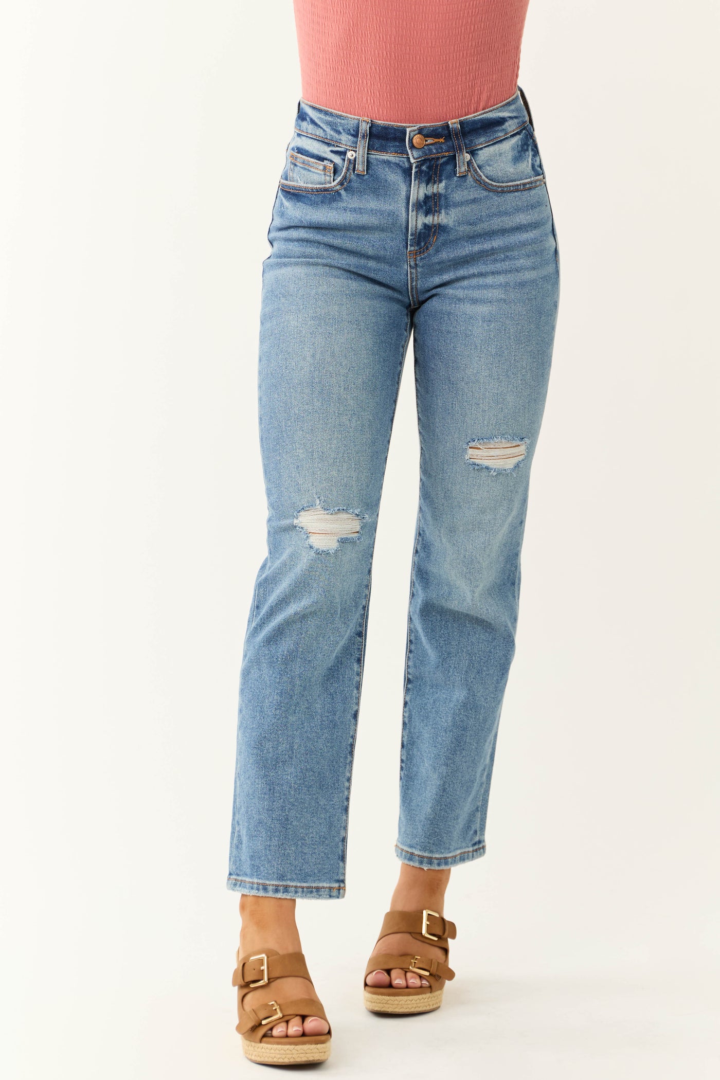 Sneak Peek Medium Wash High Rise Distressed Knee Jeans