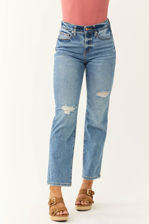 Sneak Peek Medium Wash High Rise Distressed Knee Jeans