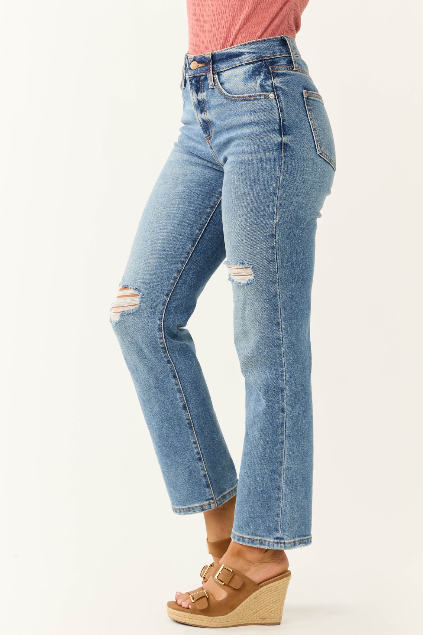 Sneak Peek Medium Wash High Rise Distressed Knee Jeans