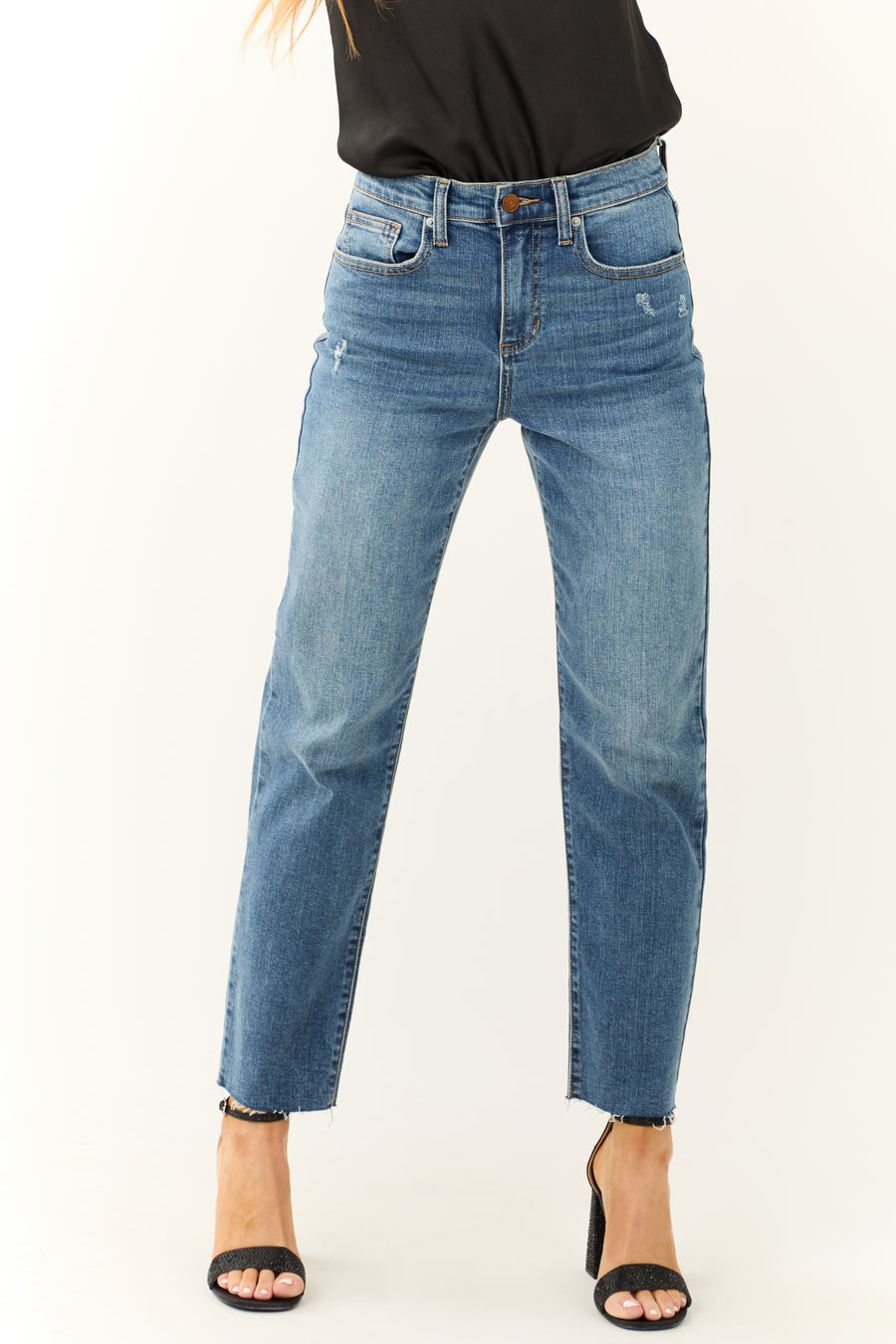 Sneak Peek Medium Wash High Rise Raw Hem Jeans