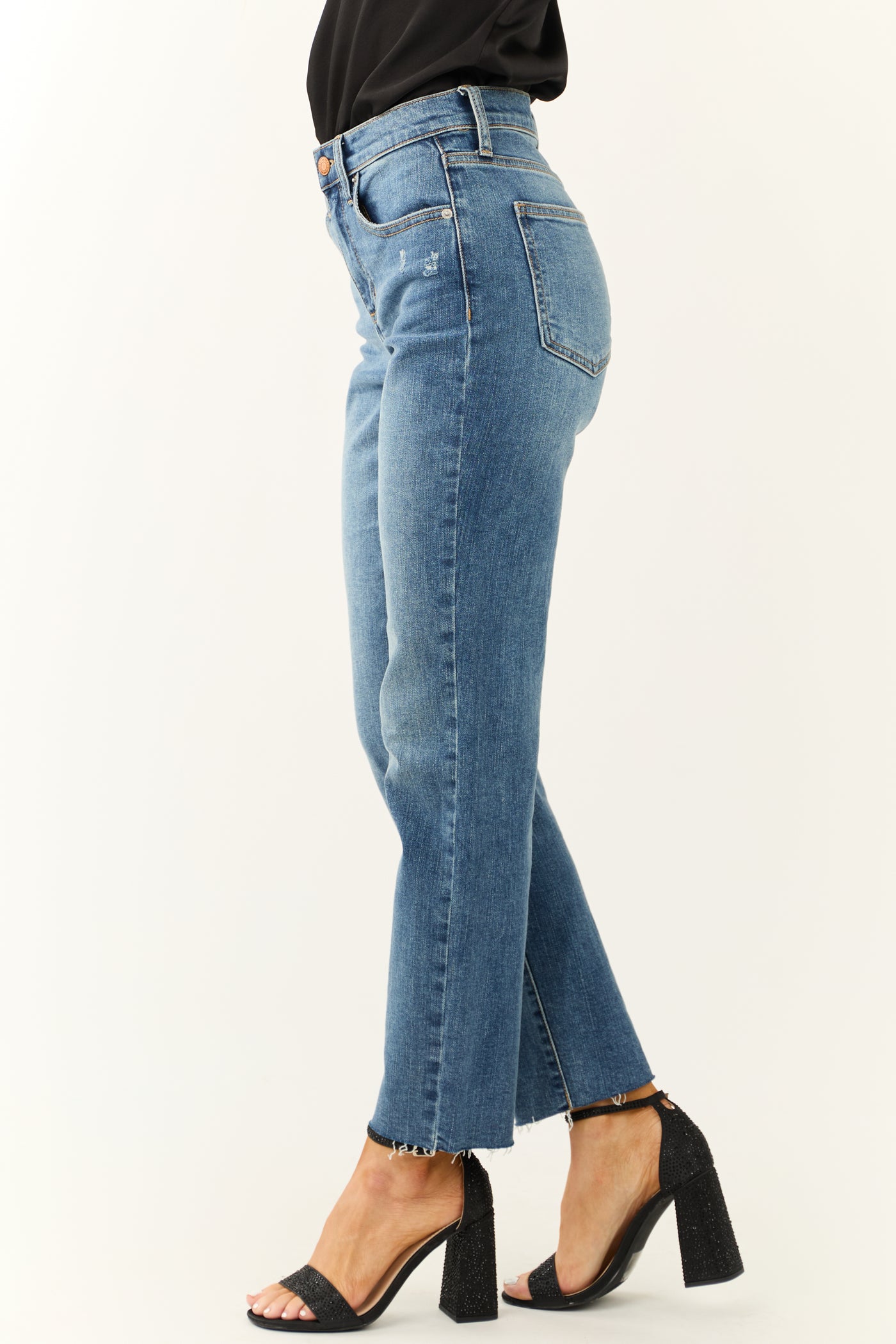 Sneak Peek Medium Wash High Rise Raw Hem Jeans