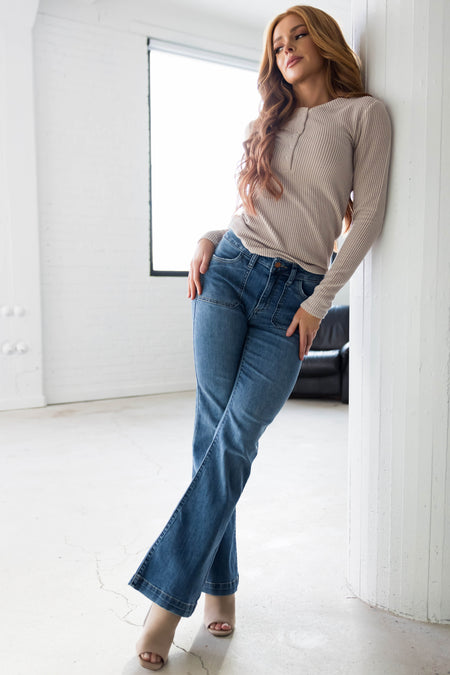 Sneak Peek Medium Wash Mid Rise Flare Jeans