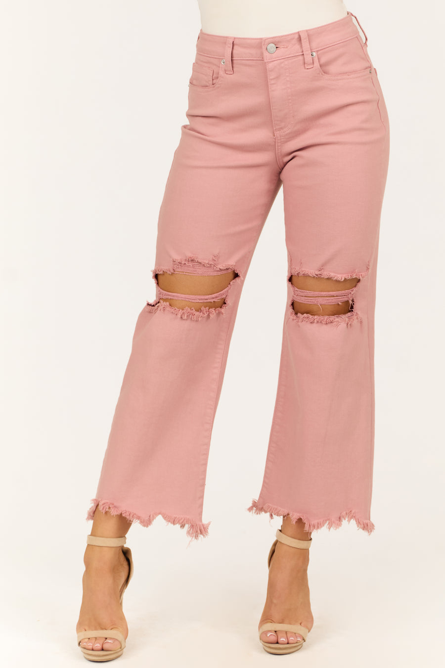 Sneak Peek Pale Coral Cropped Wide Leg Jeans