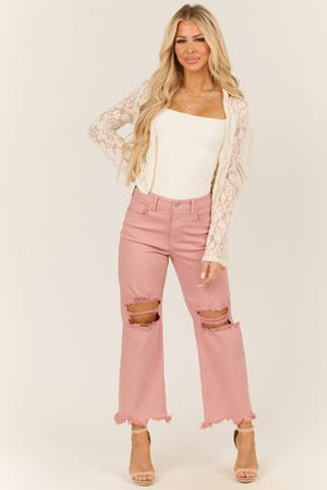 Sneak Peek Pale Coral Cropped Wide Leg Jeans