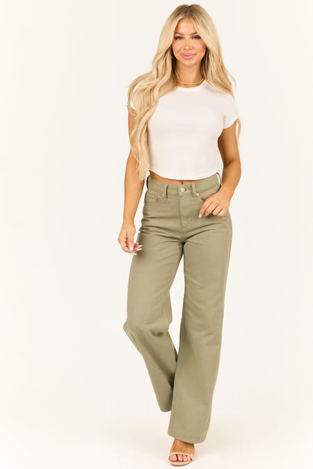 Sneak Peek Pale Olive High Rise Wide Leg Jeans