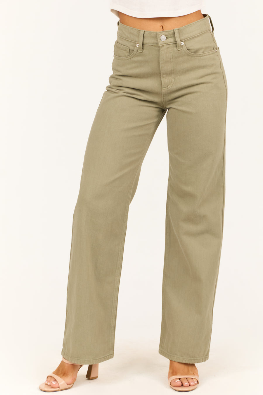 Sneak Peek Pale Olive High Rise Wide Leg Jeans