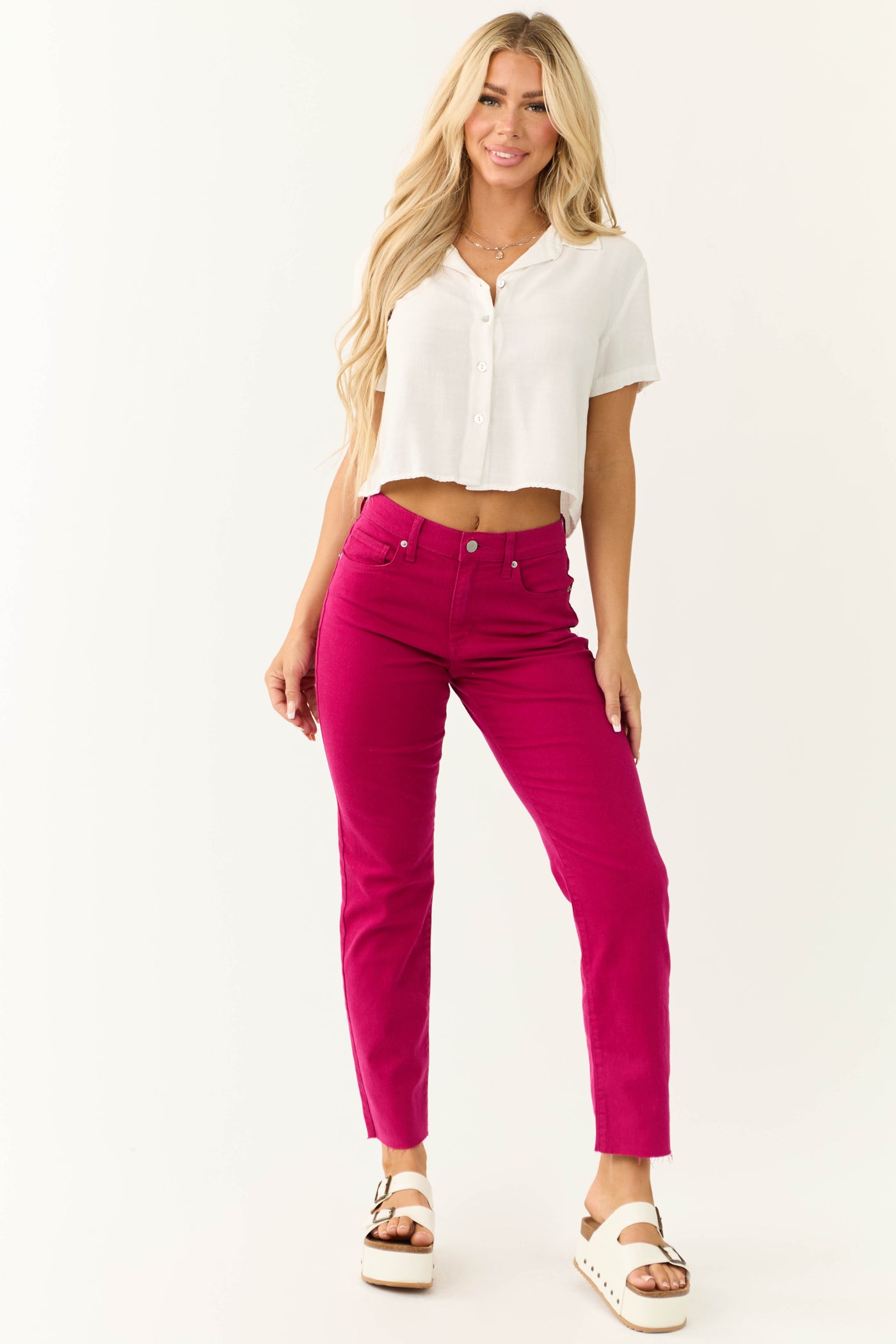 Sneak Peek Raspberry High Rise Raw Hem Jeans