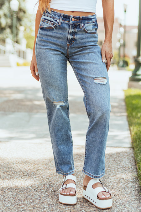 Sneak Peek Medium Wash High Rise Distressed Knee Jeans