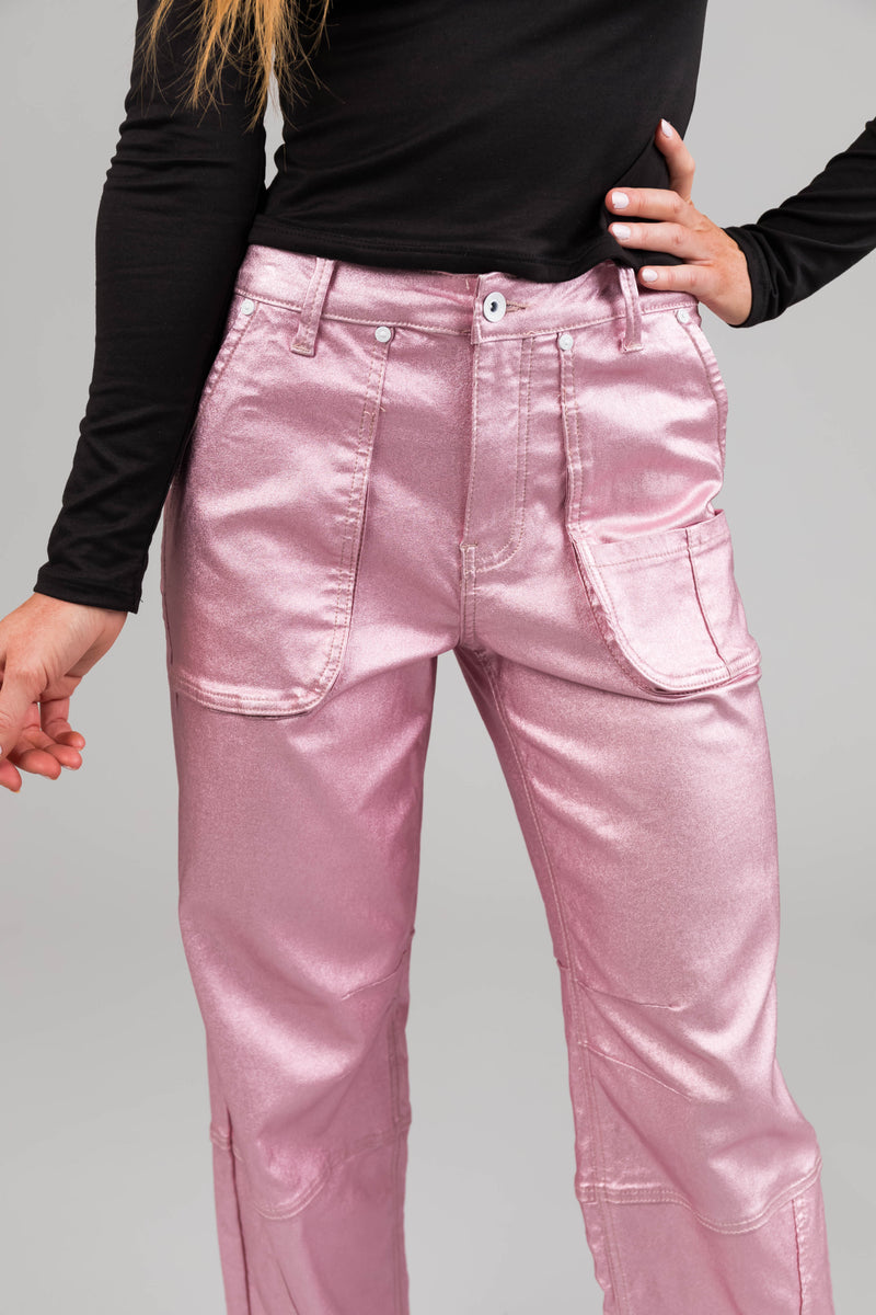 Special A Baby Pink Metallic Cargo Jeans