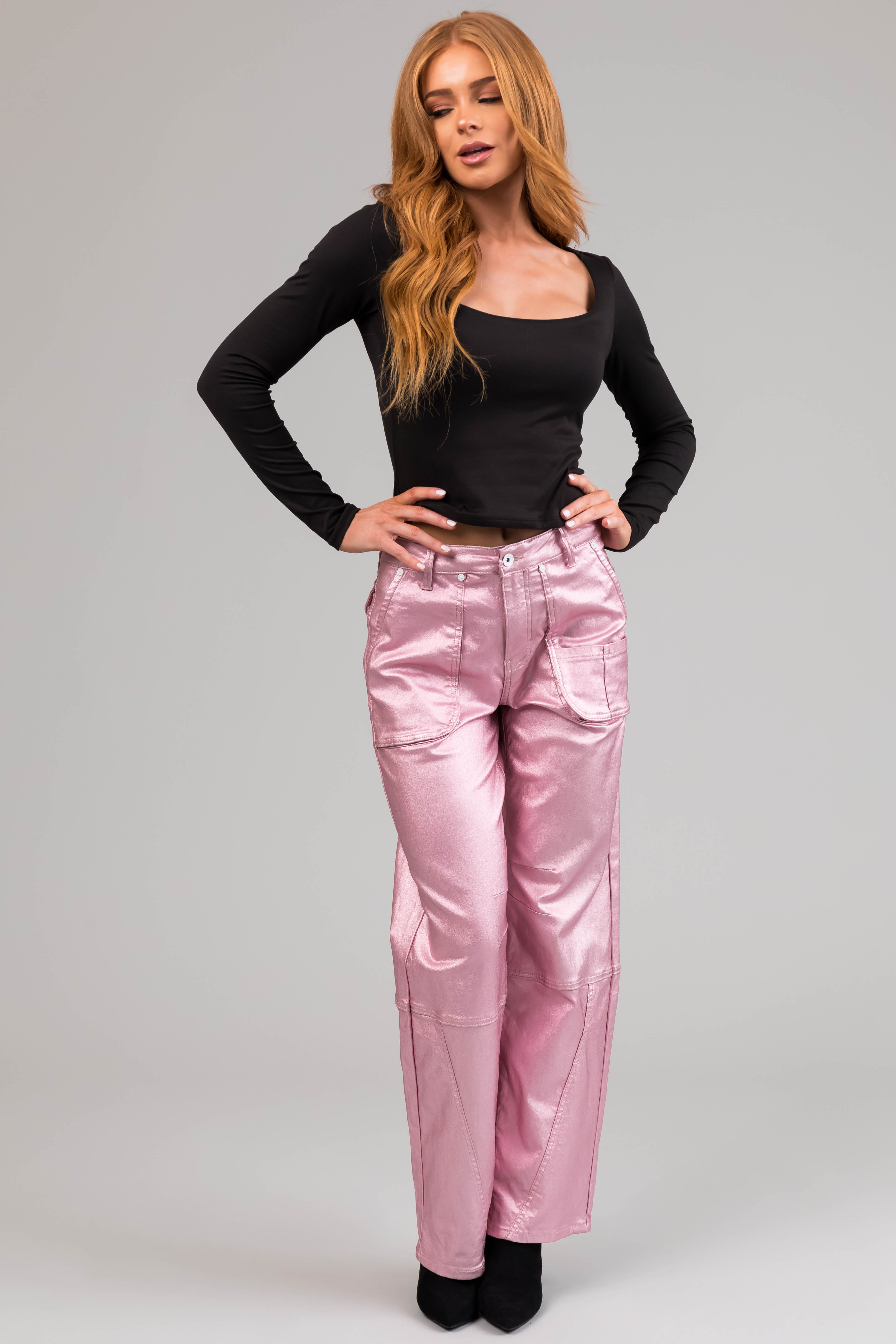 Special A Baby Pink Metallic Cargo Jeans