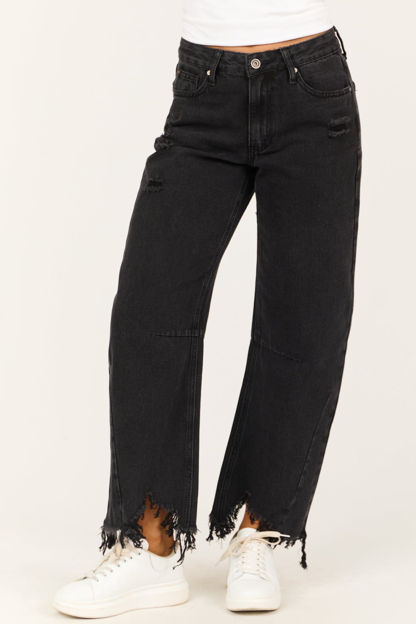 Special A Black Distressed High Rise Barrel Jeans